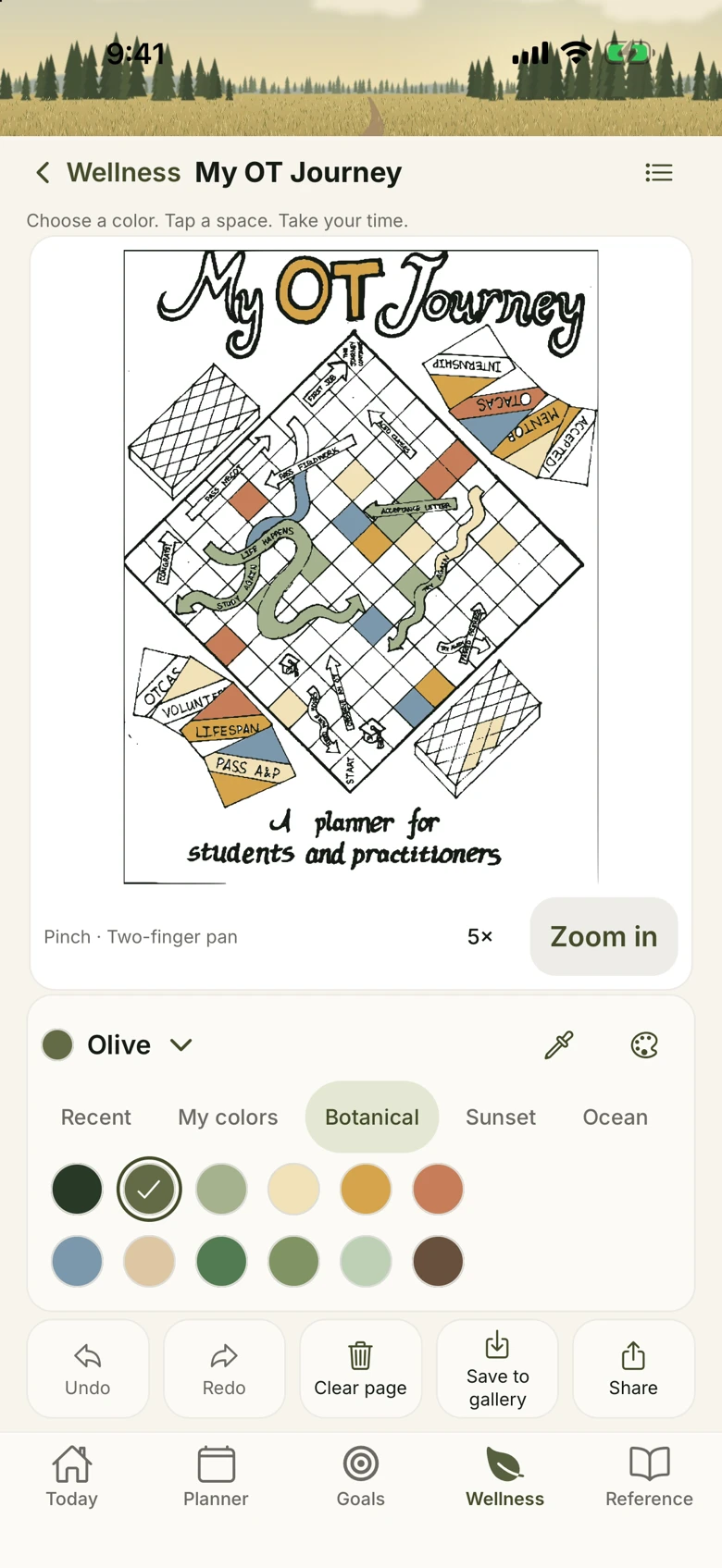 Robin’s coloring page with saved colors and the coloring tools.