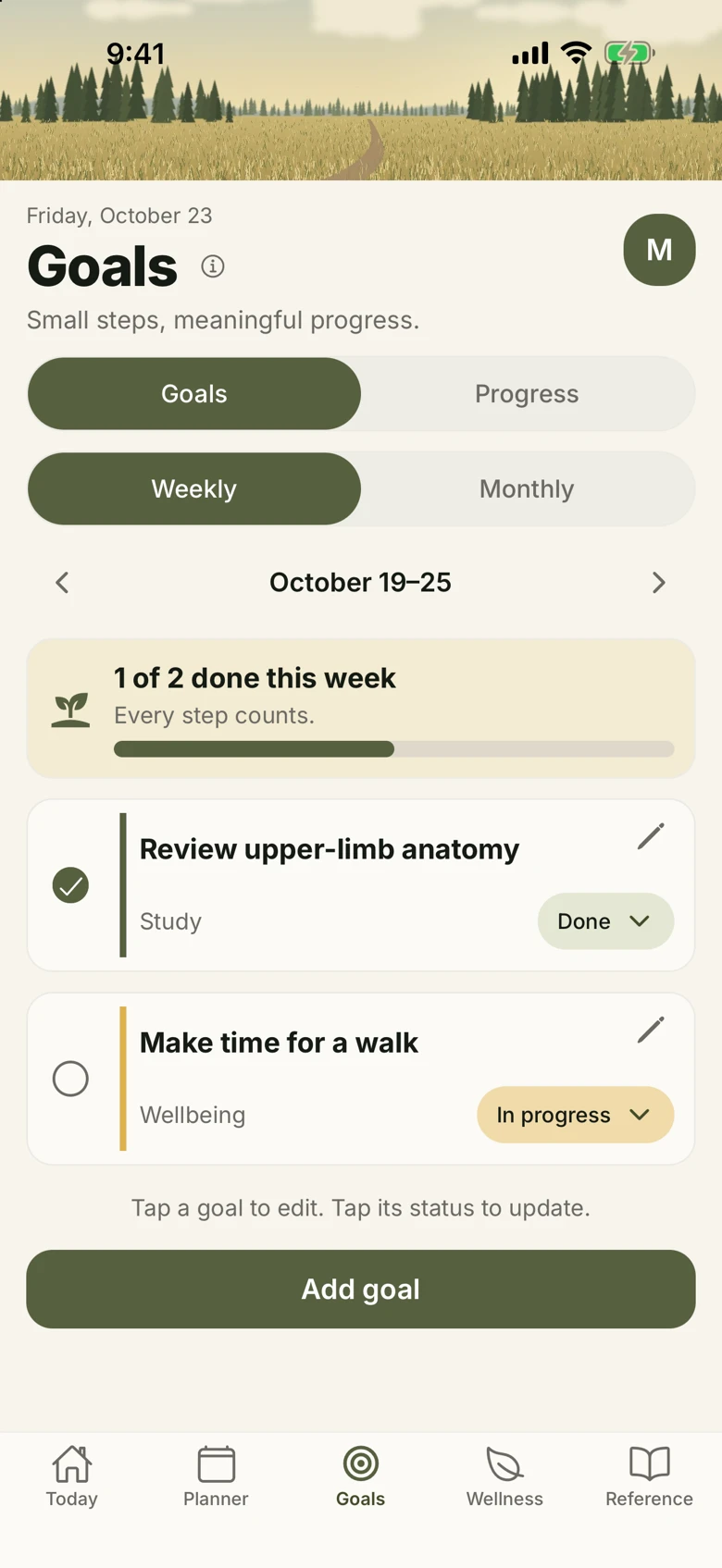 Goals: weekly study and wellbeing goals with progress updates.