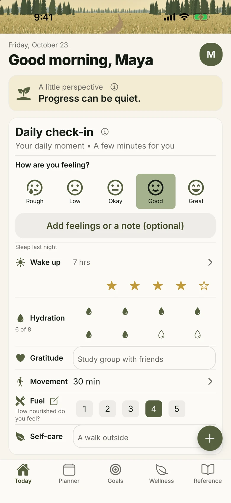Today: mood, gratitude, sleep and daily check-in.